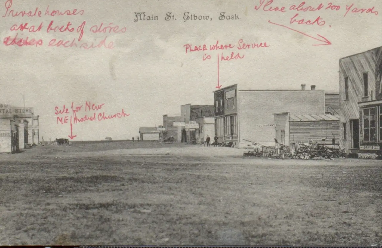 Main Street, Elbow, with handwritten notes, about 1910